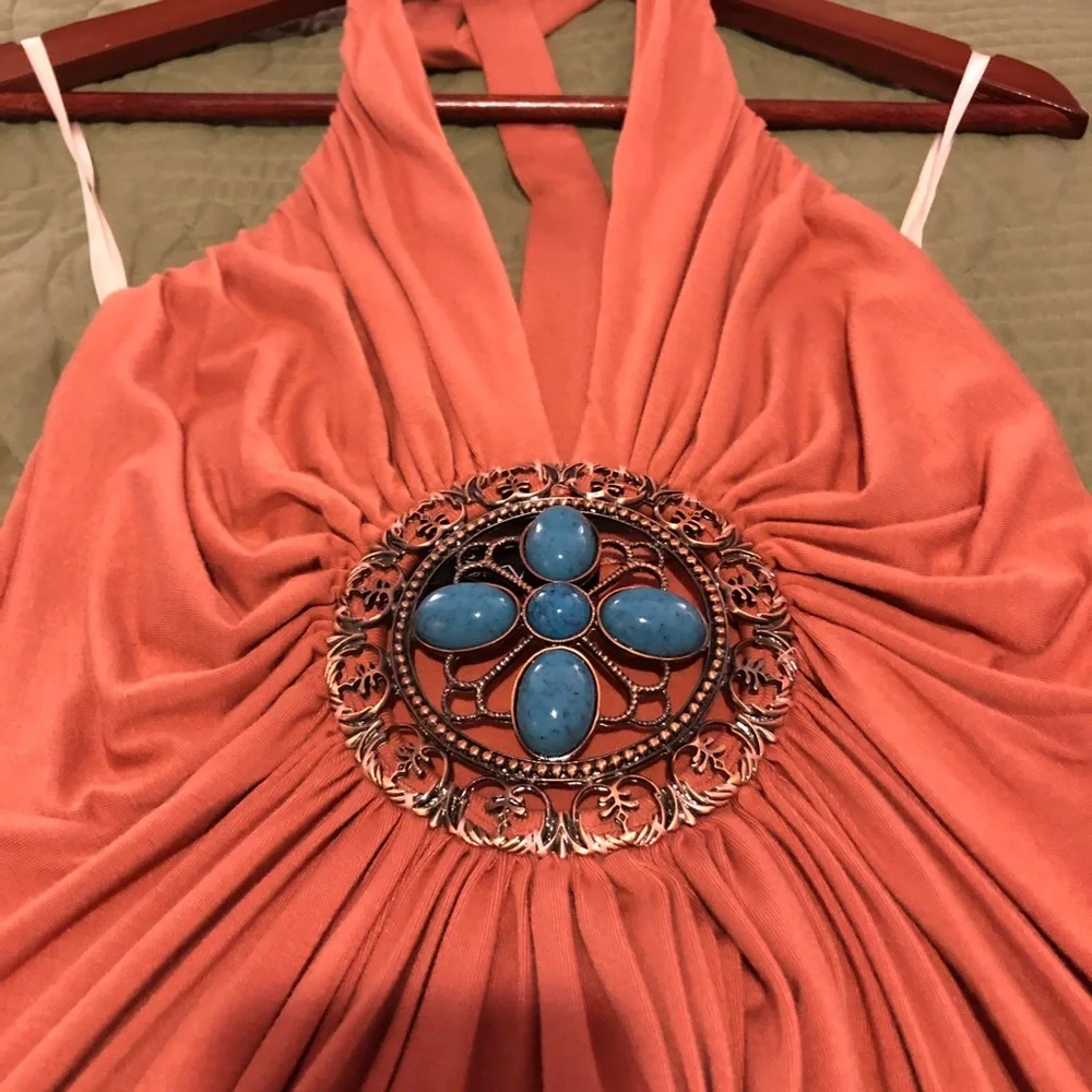 Sky Coral Halter Top with Turquoise Accent - Picture 3 of 6